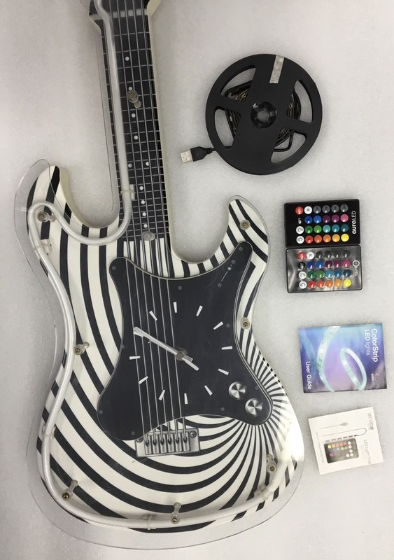 Vintage Stratocaster Guitar SHAPED Neon Wall Clock 29” Long Black & White