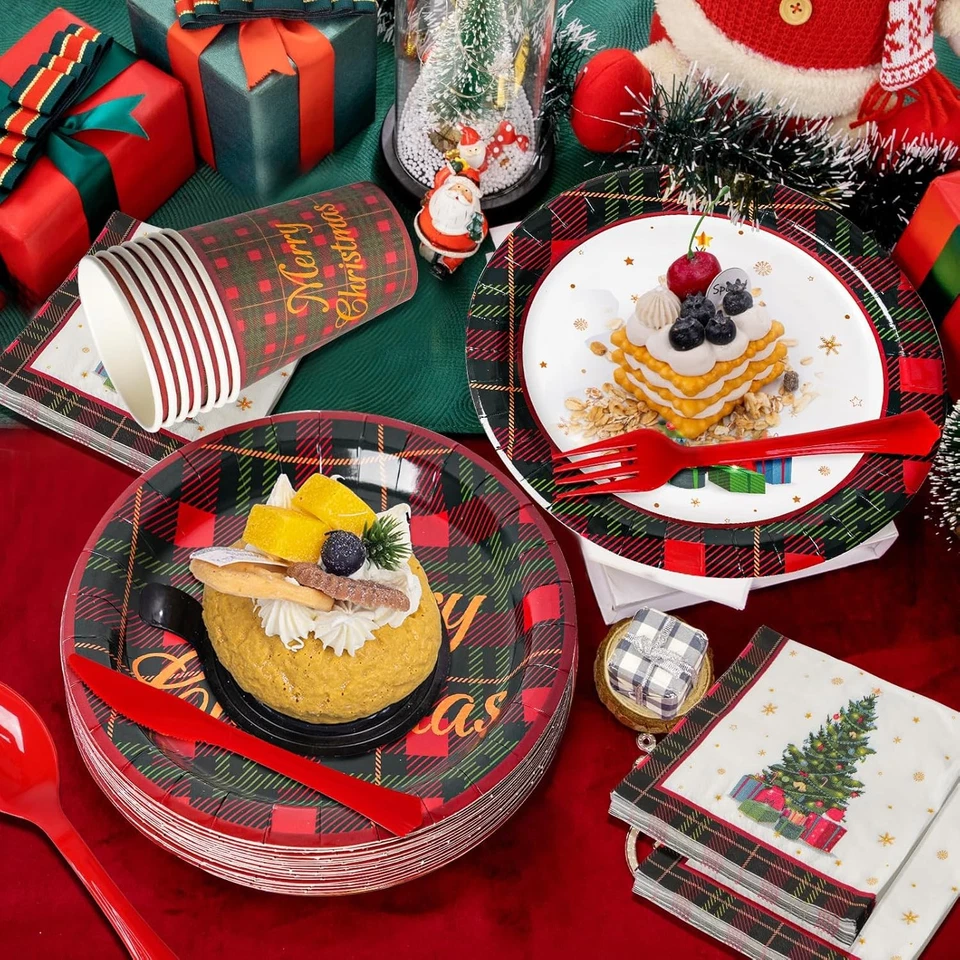 Juego de 175 piezas de vajilla de Navidad desechables platos y servilletas de papel navideño para Foto 2 de 4