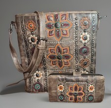 American Bling PU Leather Embroidered Bright Colors Crossbody Purse & Wallet Set