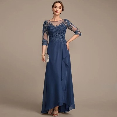 Ink Blue Chiffon Mother of The Bride Dress 3/4 Sleeves Scoop  Sequined Appliqu