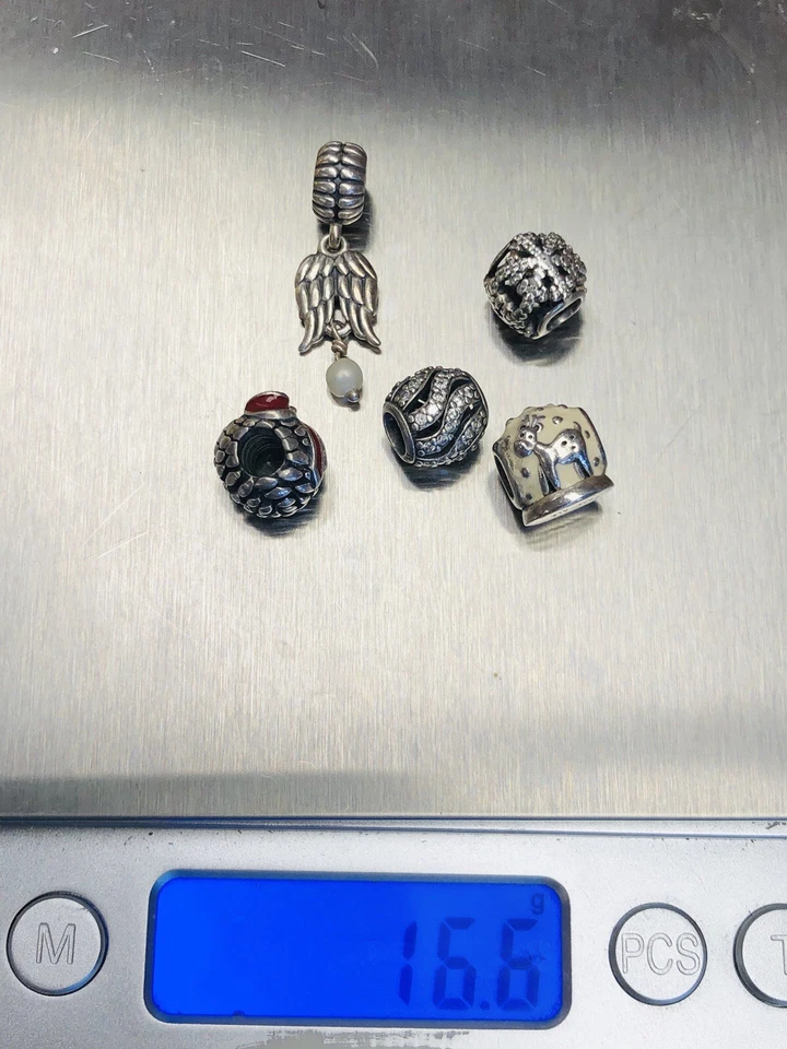 Lot of 5 PANDORA Charms Snowflake Reindeer Pinecone Angel wing Pandora bead 16.6 - Image 4 of 4