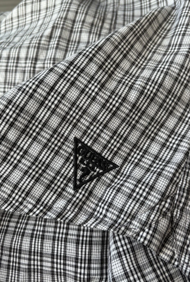 Camisa Guess Para Hombres Negra A Cuadros Manga Larga Abotonada Talla L Cremalleras