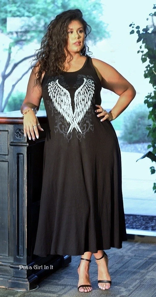 PALM ANGELS Abito midi senza maniche nuovo TAGLIE FORTI donna CRYSTAL NERO ALI D'ANGELO 1X BIKER