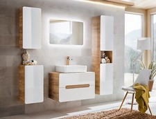 White Gloss Oak Effect 600mm Vanity Sink Set with Bathroom Wall Cube Cabinet