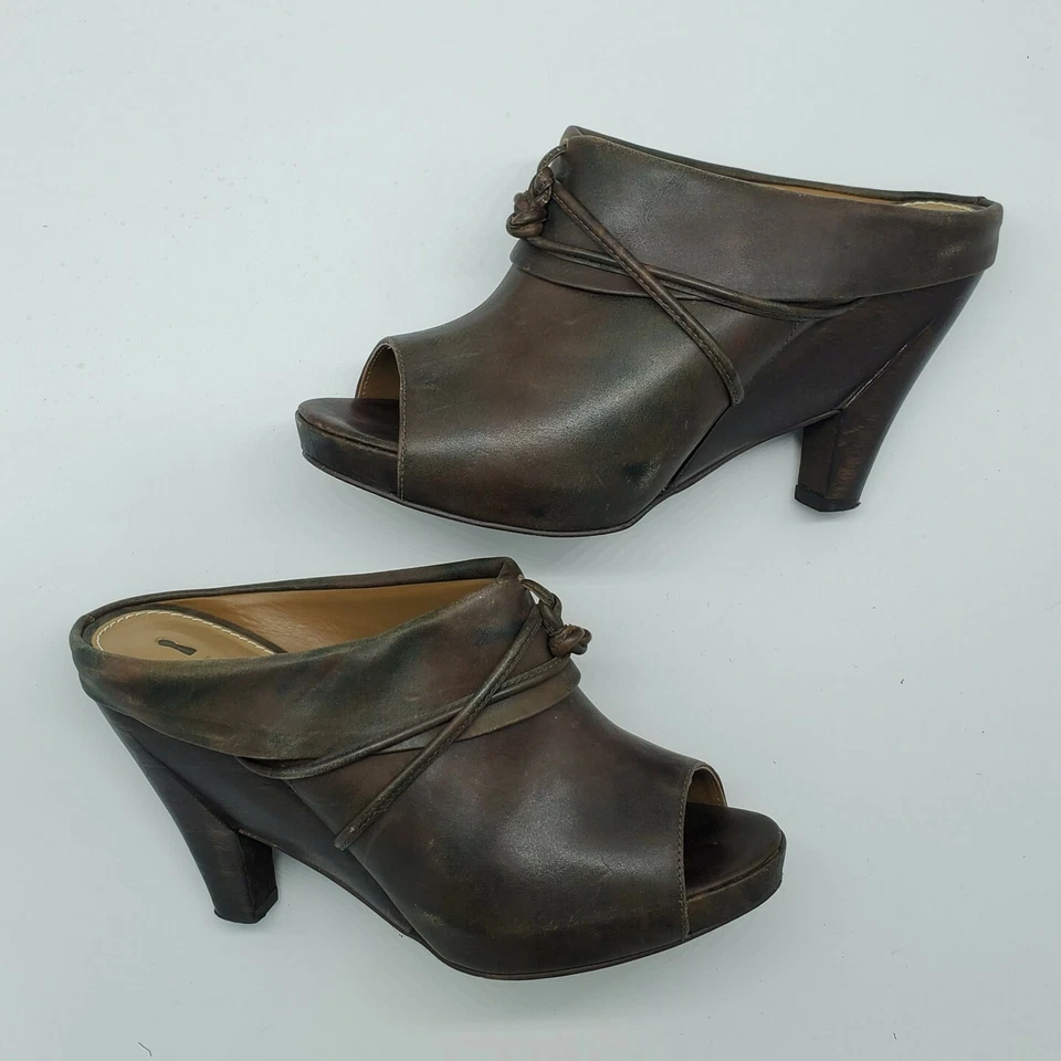 ANTHROPOLOGIE SCHULER SONS PEEP TOE PLATAFORMA MULES SLIDES COURO DESGASTADO 8B - Imagem 3 de 4