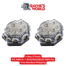 2 PACK 5 Way Distribution Block 0-4 AWG In, 2-10 AWG Out for Power or Ground