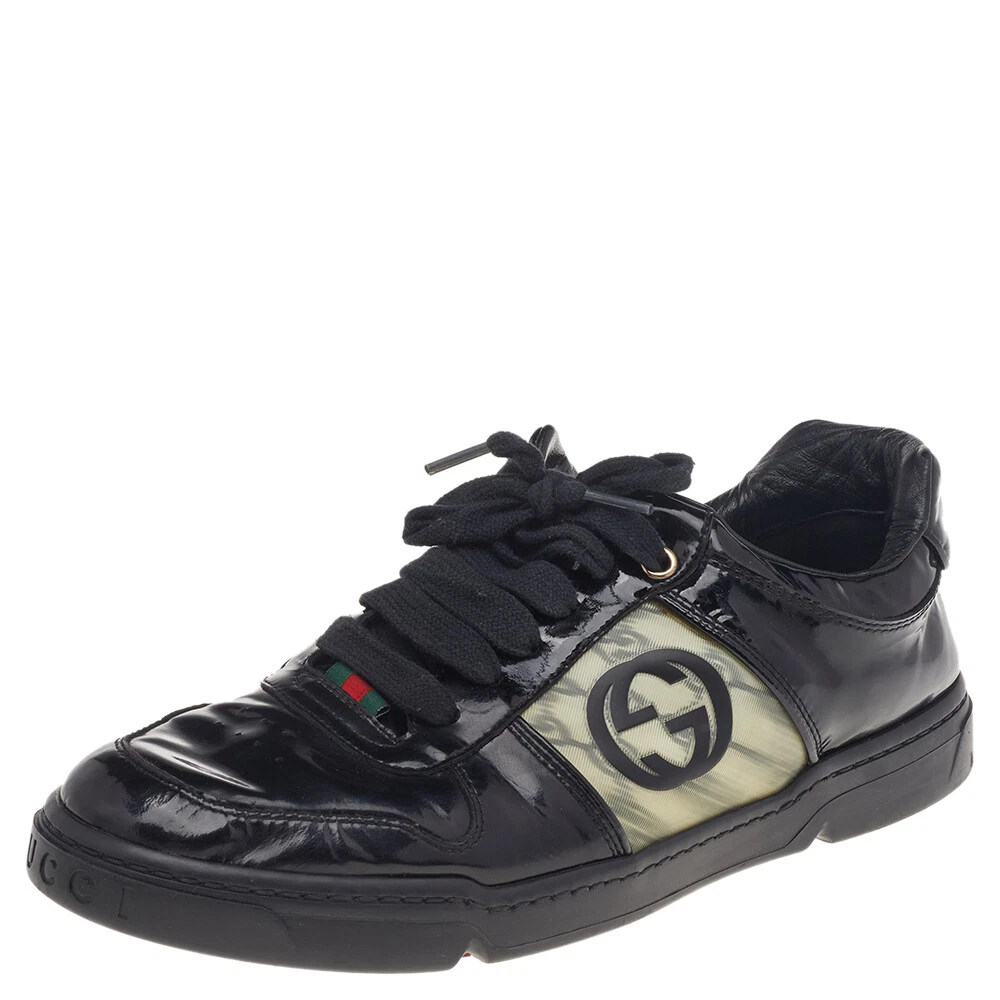 Baskets basses Gucci en cuir verni noir imbriquées logo hologramme taille 41