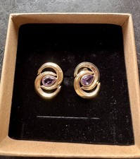 VTG 14K yellow gold Cabochon Teardrop amethyst earrings Signed