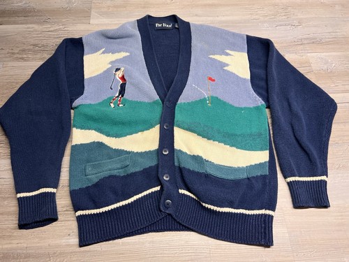 Vintage Par Four Sweater Mens Size Medium Cardigan Blue Golf Graphic Grandpa 90s