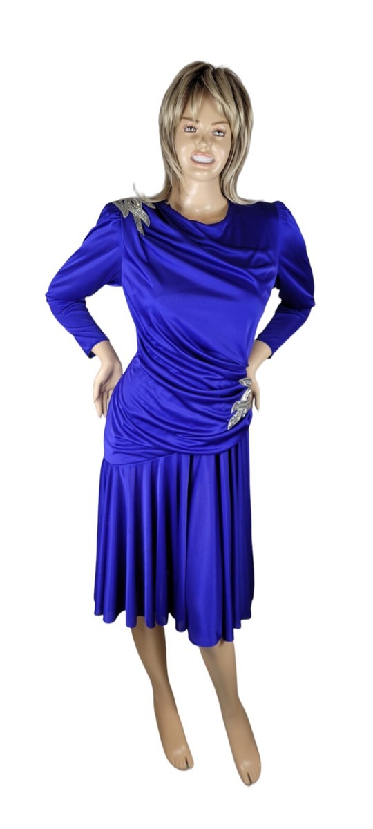 Vintage 1980's Abby Kent Party Cocktail Blue Dress Ruched Draped Dynasty Sz 10