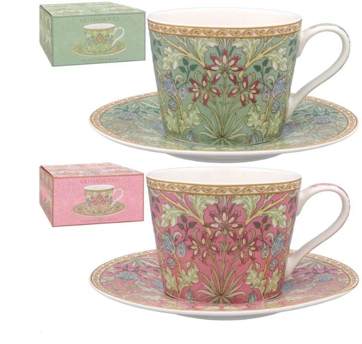 WILLIAM MORRIS HYACINTH GREEN OR PINK TEA CUP AND SAUCER SET NEW IN GIFT BOX