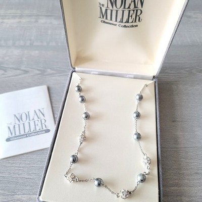 Vintage Nolan Miller Faux Pearl Crystal Bead Necklace Silver Tone In Box NEW