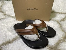 🧡OluKai Men's Size 10 Mea Ola Leather Beach Outdoor Sandals - Tan/Dark Java NIB