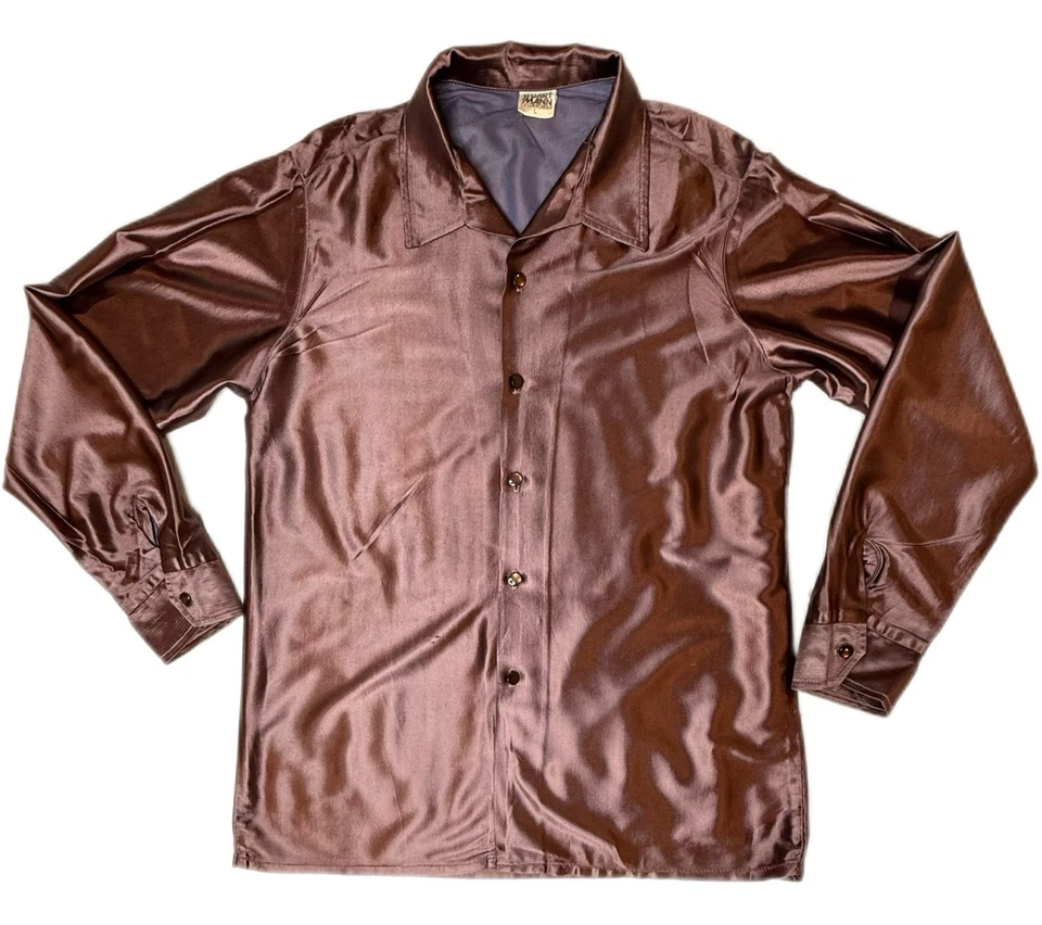 Camisa discoteca vintage Stuart Mann California satinada marrón L manga larga años 70 Foto 2 de 4