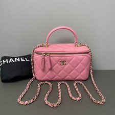 Chanel Vanity Case Handbag Pink Lambskin Gold Hardware Extra Chains Auth