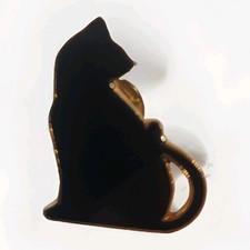 Black Cat Silhouette Lapel Pin Glossy Enamel Goldtone Trim Push Pin Closure