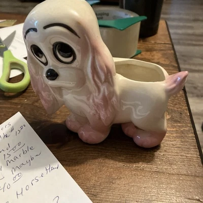 VTG Ceramic Sad Dog Pink And White Planter 5” - Image 1 of 4