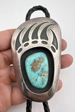 Lawrence Saufkie HOPI Sterling Silver Turquoise Shadowbox Bear Claw Bolo Tie
