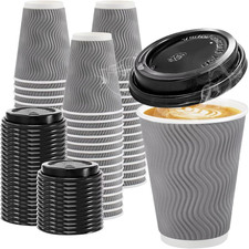 100 Pack 12 oz Disposable Coffee Cups with Lids, Insulated Ripple 12 oz, Gray