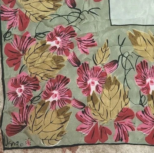 Bufanda Transparente Vintage Vera Neumann Cuadrada Rosa Verde Oliva Diseño Floral 24" X 24" Foto 2 de 4