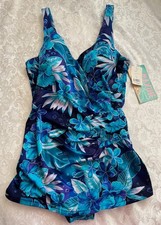 Maxine of Hollywood Swimsuit VTG NWT Size 18 Ruched Blue Floral One Piece NOS