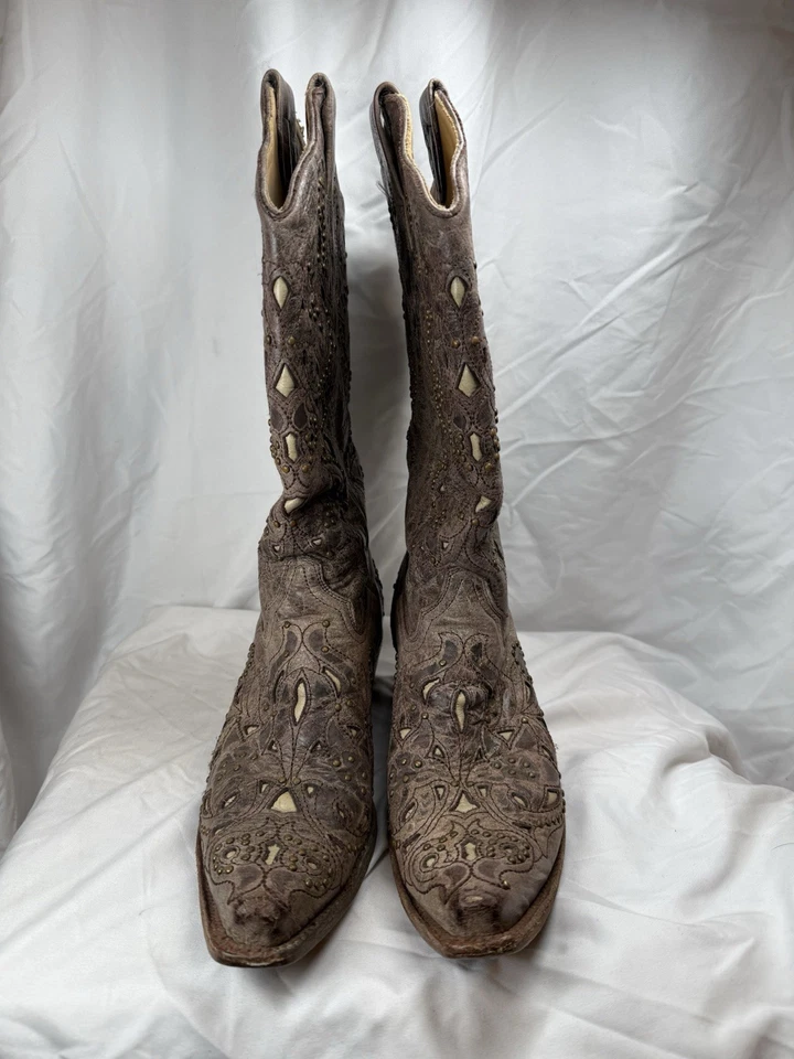 CORRAL Bronze Leather Bone Inlay Studded Western Cowboy Boots A1098 WOMENS 9.5M - Image 3 of 4