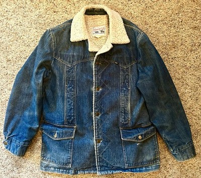 Vintage 1970s Lee Storm Rider Denim Jacket 46R Faux Fleece Lined Chore Coat