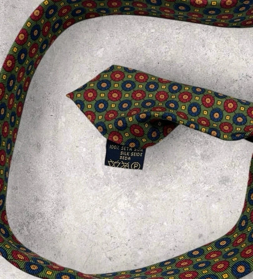 Gravata de seda CHURCH'S ITÁLIA XL verde azul vermelho geométrico W:3,8" em excelente estado usado - Imagem 4 de 4