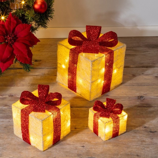 Led Beleuchtete Geschenkboxen 3Er Set Tannenbaum Geschenk Weihnachten Beige/Rot-image