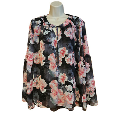 Jennifer Lopez Flowy Tie Front Peasant Top L Pink Black Floral Poet Blouse Shirt