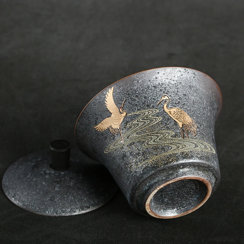 Juego de platillo taza puré relieve grúa hecha a mano porcelana estilo antiguo Gaiwan Foto 3 de 4