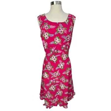 Vintage 90's Y2K Women's Fuchsia Tie Back Sun Dress With Tropical Print Size 14.