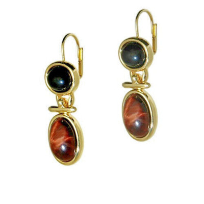 Schwarzer Onyx Tigerauge Halbedelstein Euro Ohrring 18kt Gelbgold Verpackt Neu