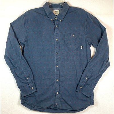 Vans Mens Size L Blue Chambray L/S Button Down Shirt w/Red Square Dots Pattern