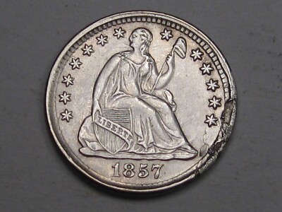 AU 1857 Silver Half Dime w/ Large Planchet Flaw @ 4:00 O'Clock & die clash on BS