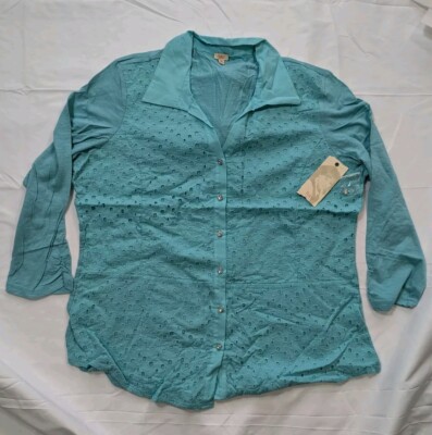 Women's Reba Aqua Blue Embroidered Button Up Roll Tab Shirt Bling Buttons Sz 2X