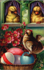 Antique Postcard Easter Eggs Chicks in Windows Wild Roses German Embossed c1910