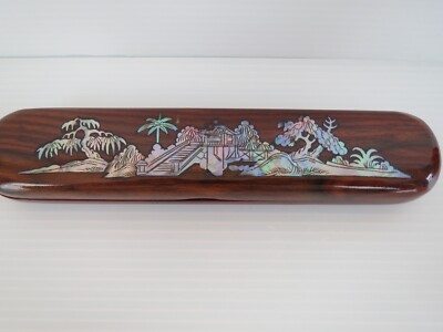 New! Made in Korea Rich Wood Pen Box w/ Mother of Pearl Inlay PALM TREES 7.25''