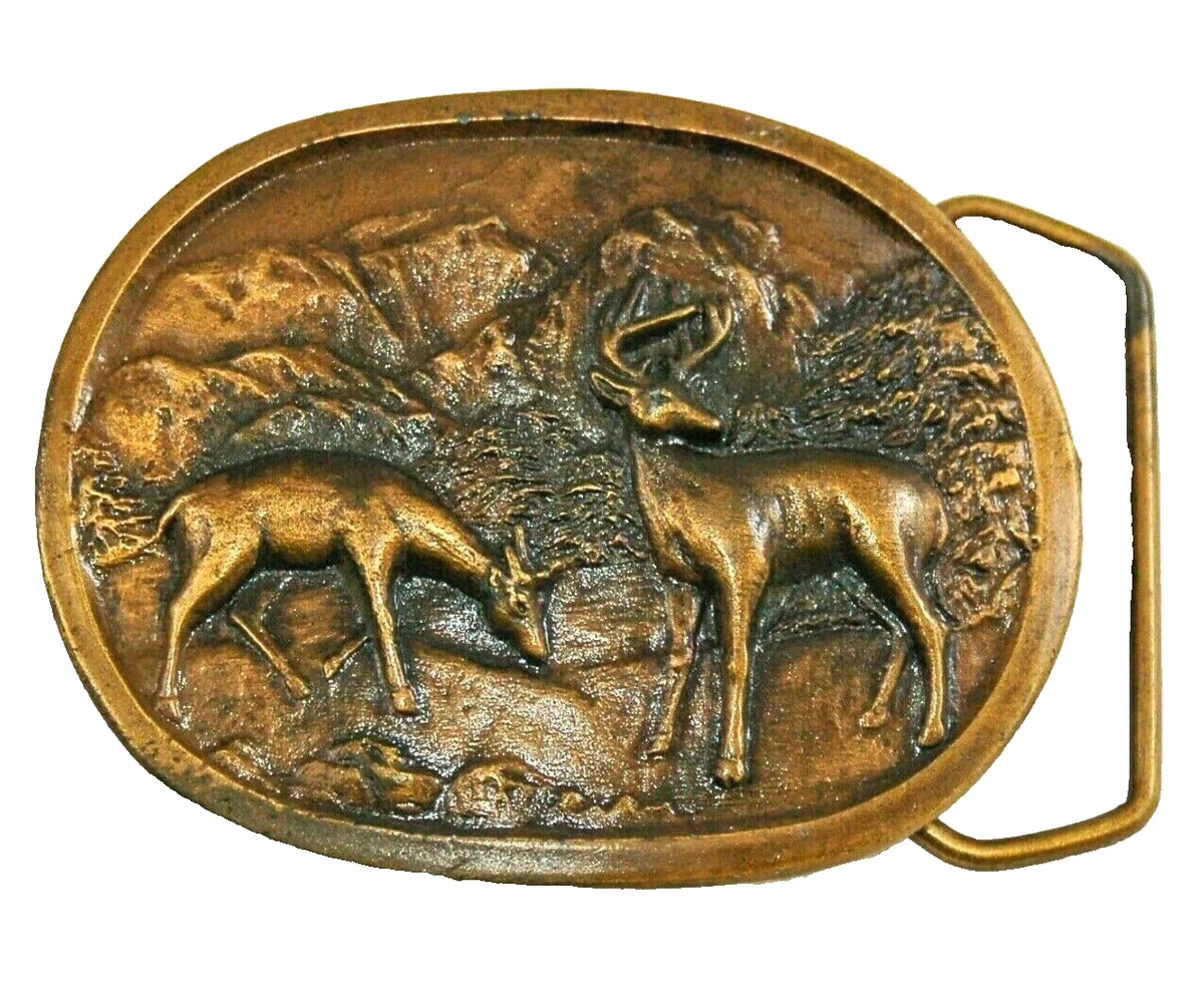 Vintage Indiana Metal Craft Buckle Belt Brown Floral Embossed Leather Deer 32 1978 Beth Frank Leather Belt Big Buckle Size 32 Retro Metal  main image 3