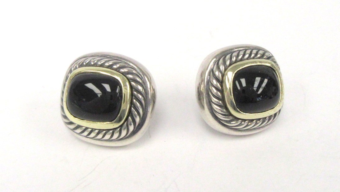 David Yurman Large Albion Black Onyx Sterling Silver & 14K Gold Earrings - 3/4"