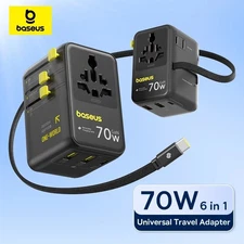 Baseus GaN Charger Universal Travel Adapter Built in 70W Retractable Cable 2AC 2