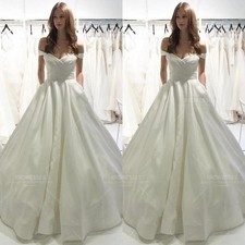Satin Wedding Dresses White Ivory Off Shoulder Lace up Simple Bridal Gowns
