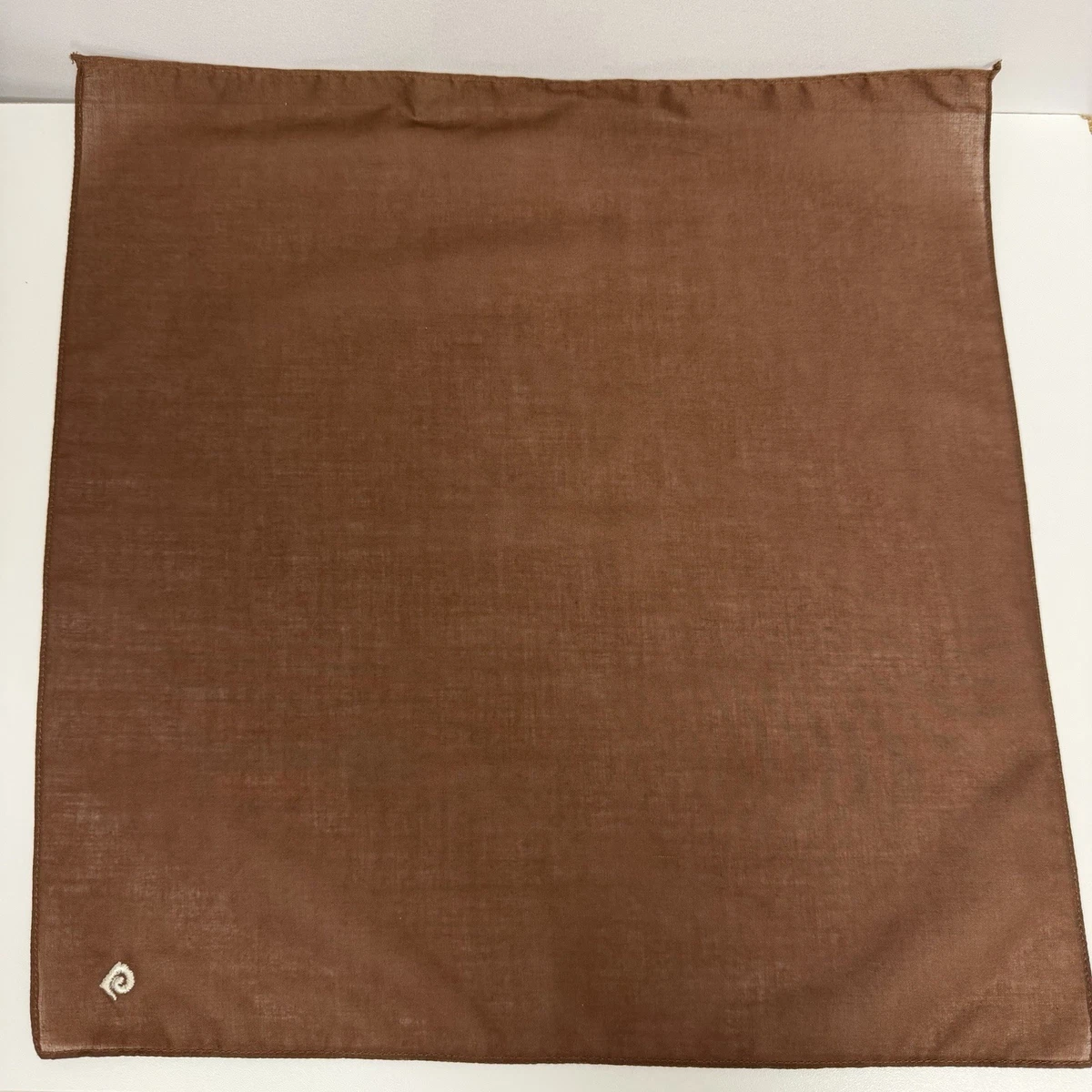 Vintage Men Pierre Cardin Pocket Square Brown Embroidered Logo 14 1/4" x 14 1/2"