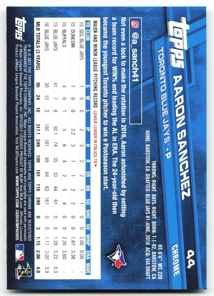 🔥 2017 Topps Chrome #44 Aaron Sanchez - Image 2 of 2