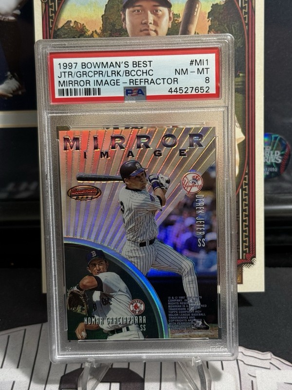 1997 BOWMAN'S BEST MIRROR IMAGE REFRACTOR #MI1 DEREK JETER YANKEES HOF PSA 8