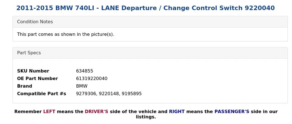 BMW 740LI 2011-2015 - Interruptor de control de salida/cambio de carril 9220040 Foto 4 de 4