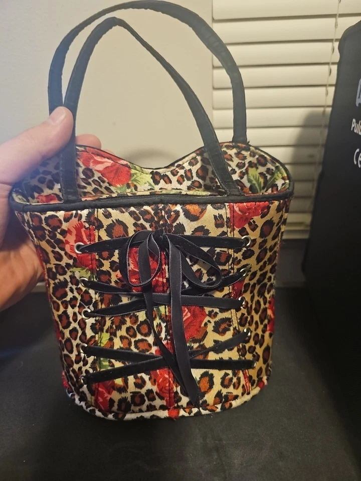 Burlesque Corset Bustier Purse Women's Bodice Sexy Handbag Cheetah Rose Print - Image 2 of 4