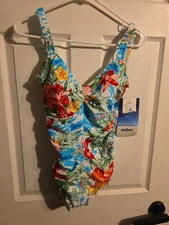 NWT Vintage Gabar Colorful Floral Deepback Built in Bra One Piece Swimsuit US 12