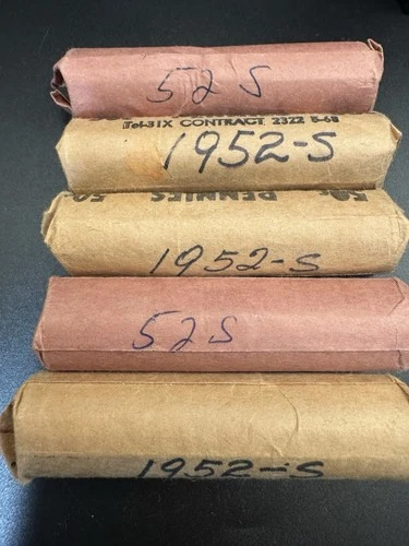 1952-S Lincoln Cent Roll - Good Dates - Average Circulated  (250 coins) 5 Rolls