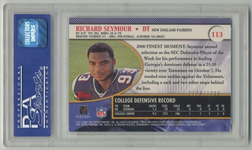 Richard Seymour 2001 Topps Finest /1000 RC Rookie #113 New England - PSA 9 MINT - Picture 2 of 2